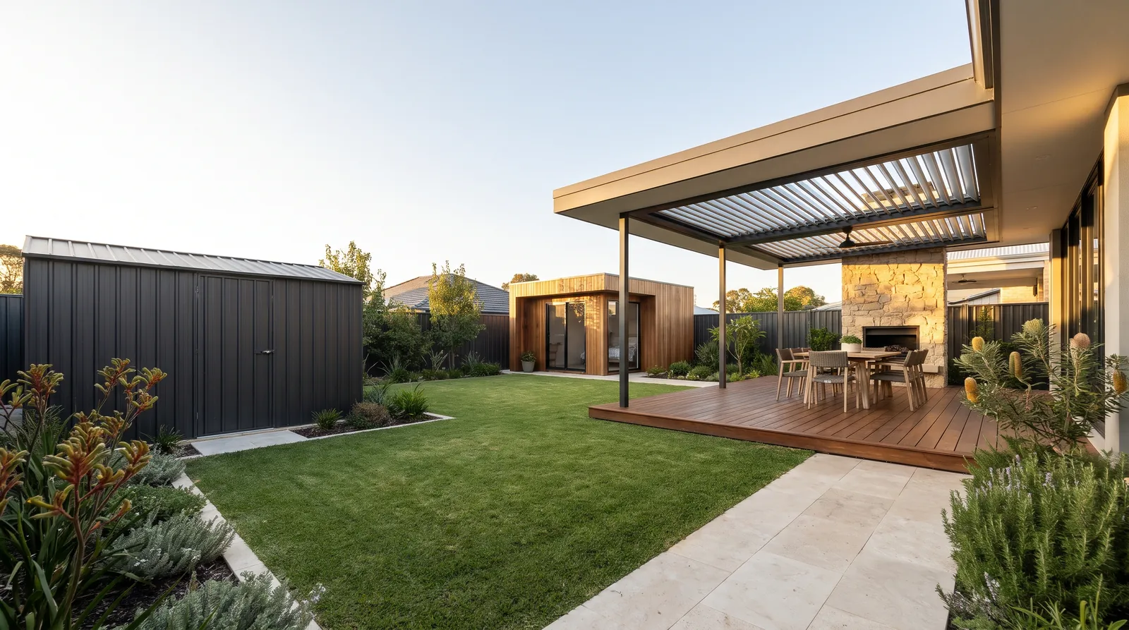 Backyard of a modern Perth home with a pergola, garden shed and granny flat