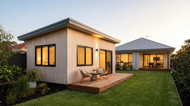 A new granny flat in a Perth backyard at dusk