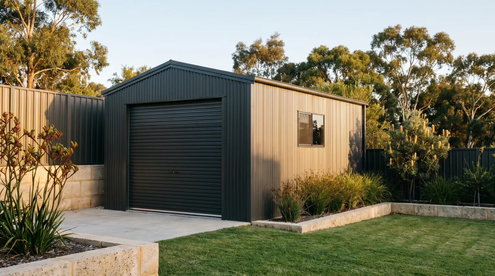 A new steel shed on a slab in a Perth backyard